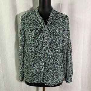 NWT LOFT Green & Pink Floral Print Button Front Tie Neck Blouse